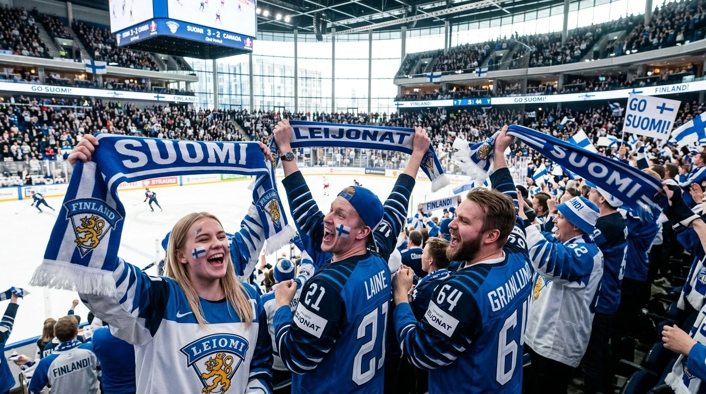 Suomalaiset kiekkofanit kannustamassa areenalla